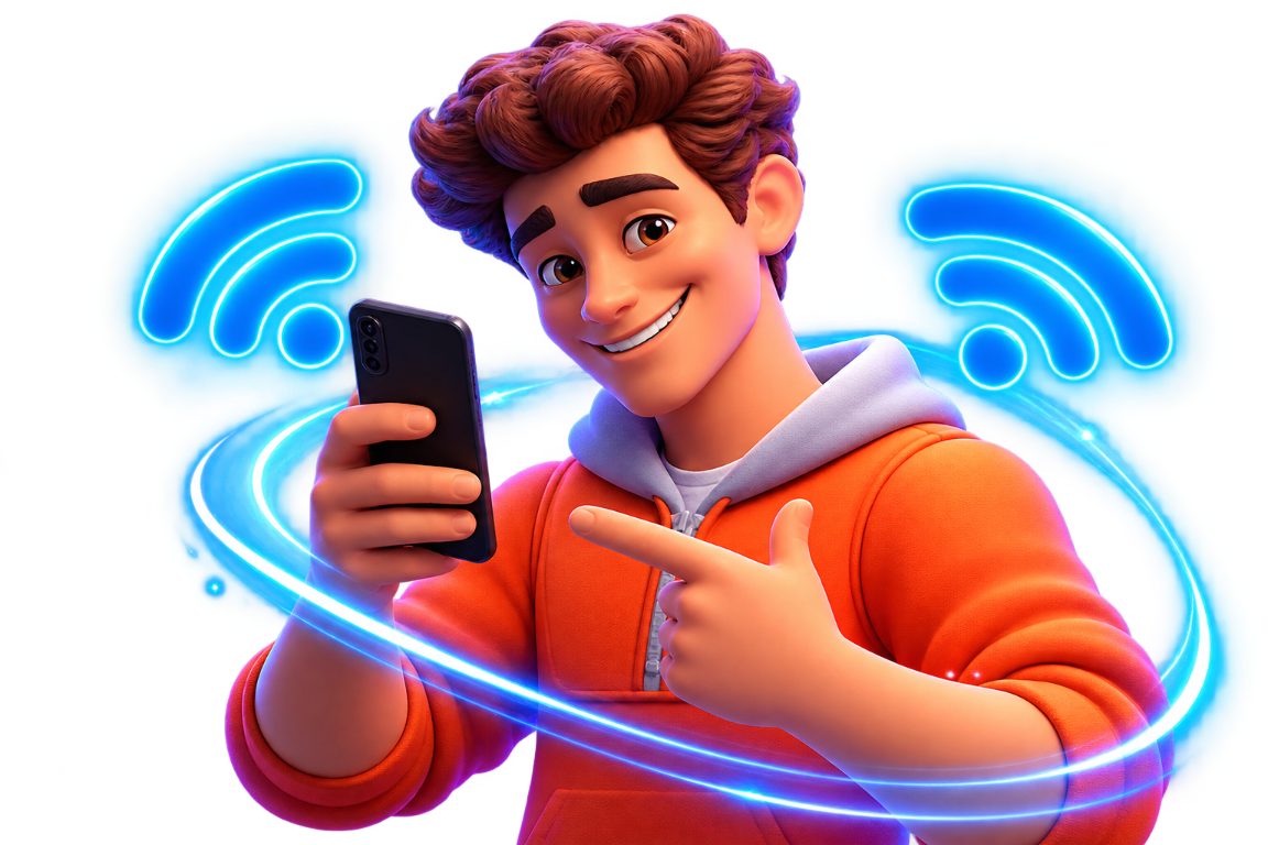 Personagem da PULSINET usando o celular com símbolos de Wi-Fi