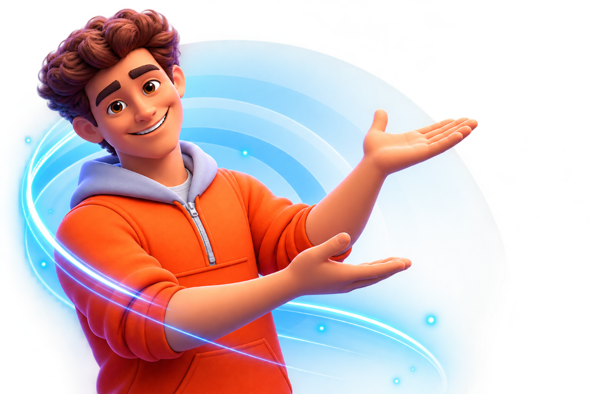 Personagem da PULSINET apresentando as vantagens da internet